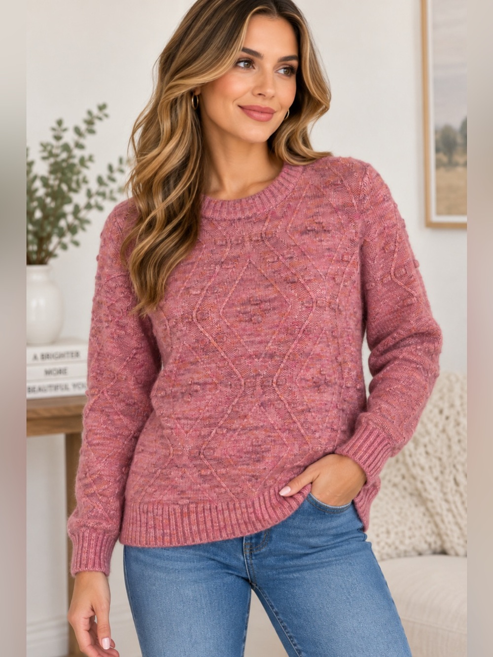 St. John’s Bay Pink Textured Knit Crewneck Sweater Women’s Size M